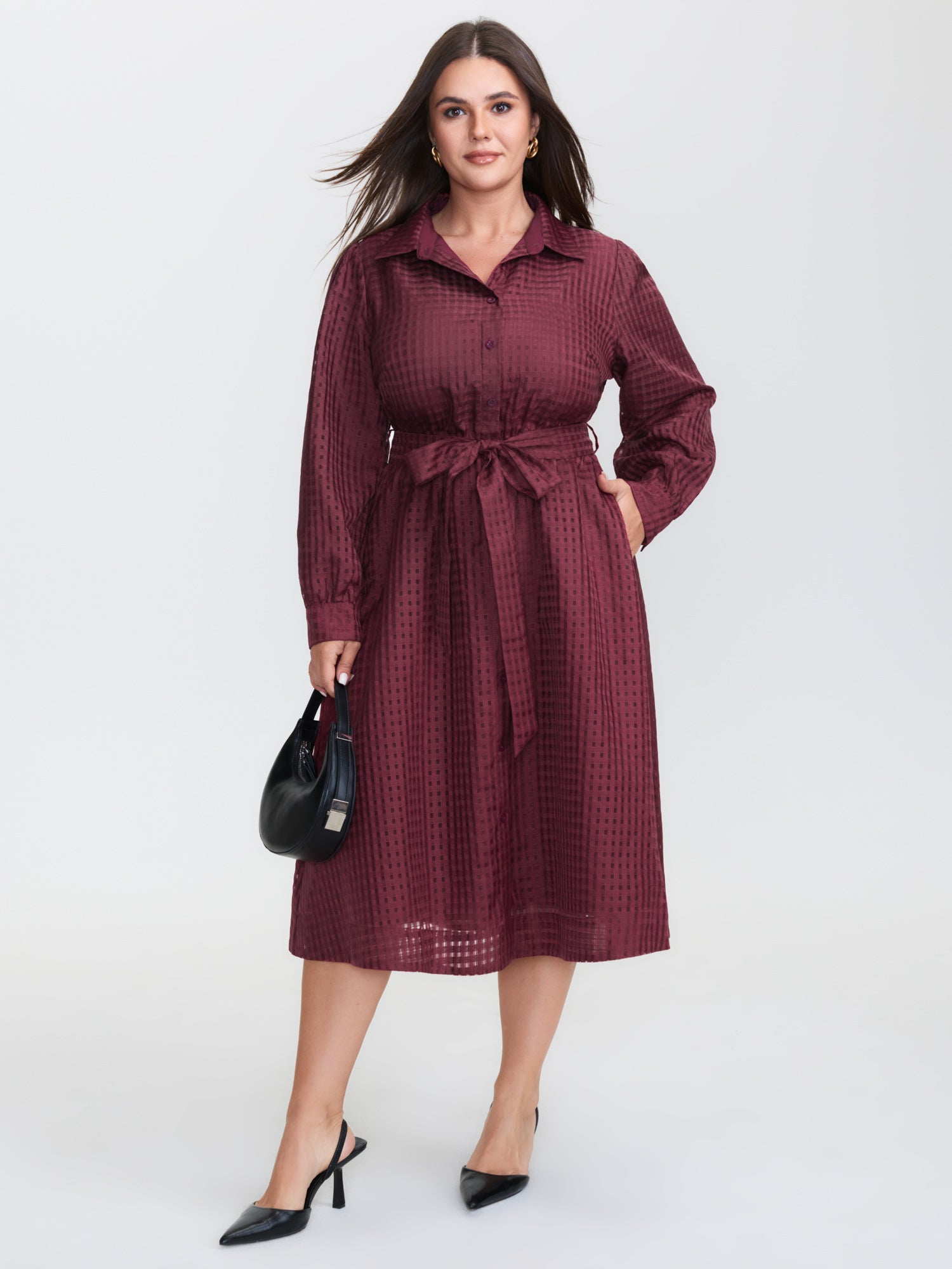 Belted Waist Textured Shirt Midi Dress