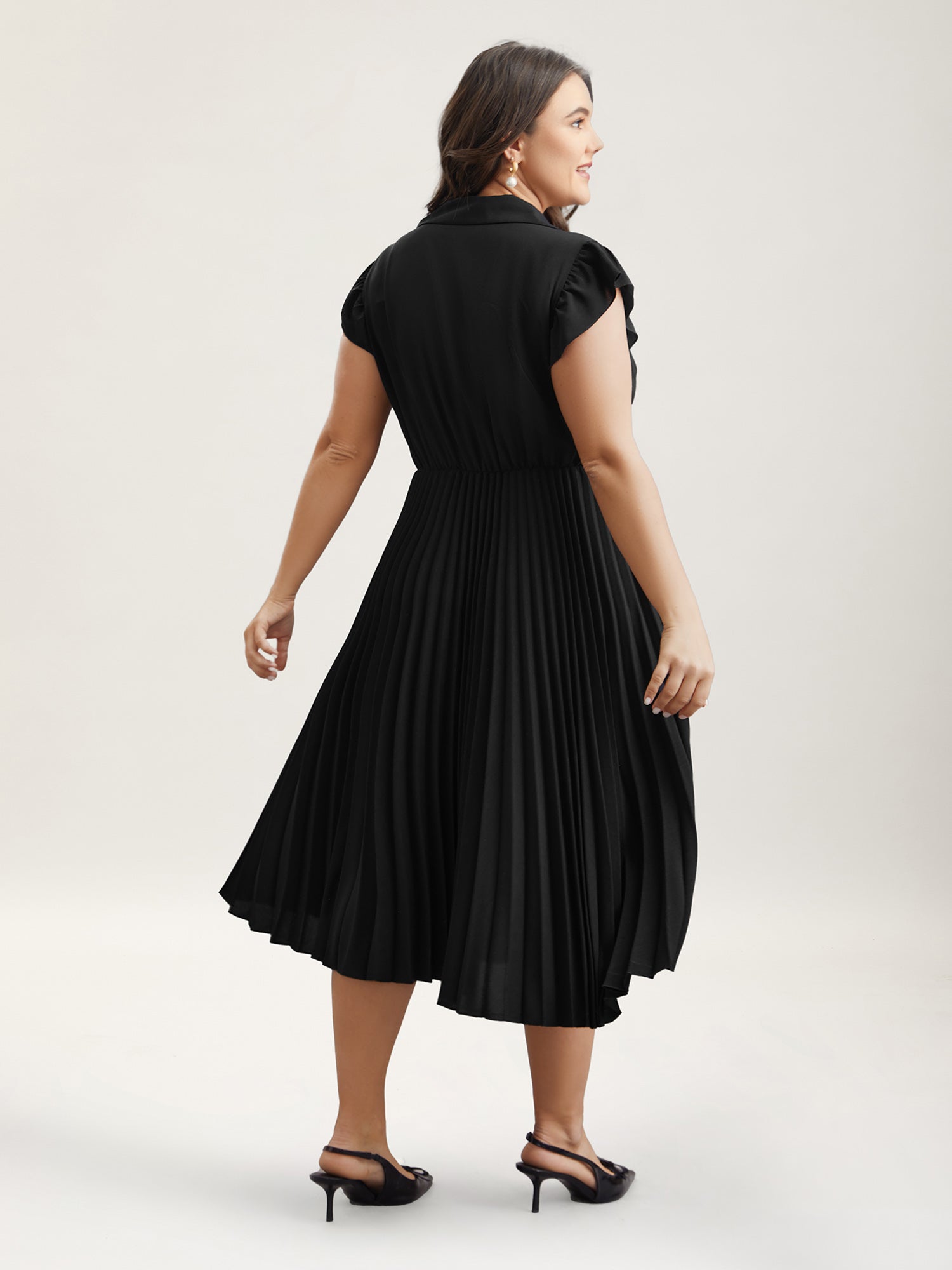 Pleated Shirt Collar Solid Midi Dress