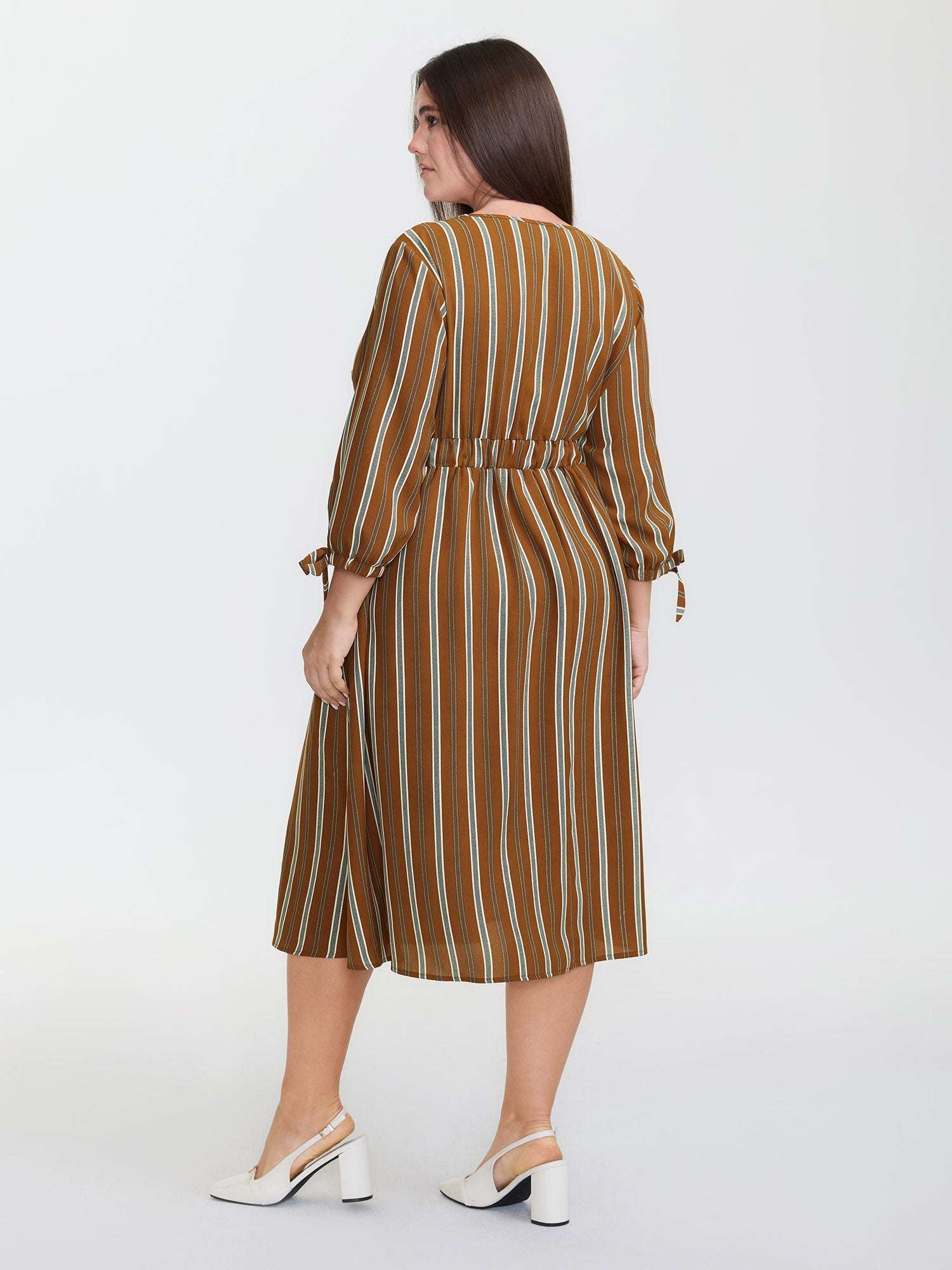Striped V-Neck Belted Midi Dress