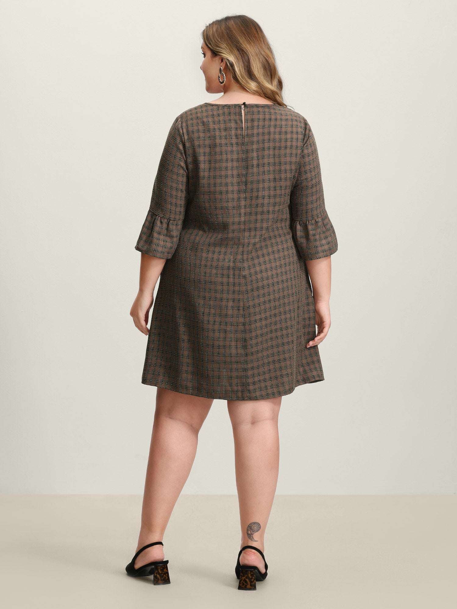 Yarn-Dyed Flared Sleeve A-Line Knee-Length Dress