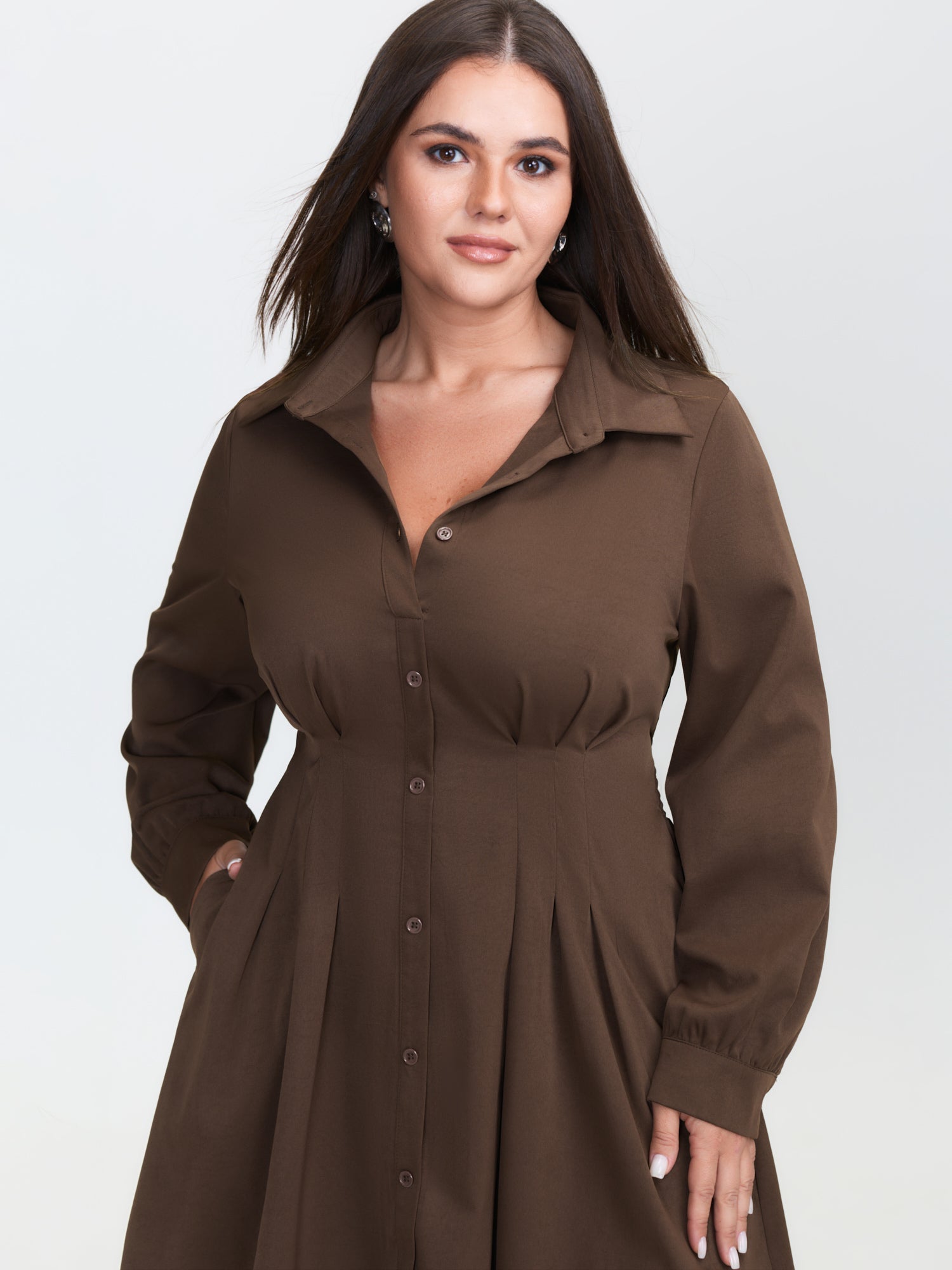 Plicated Cinched-Waist Shirt Midi Dress