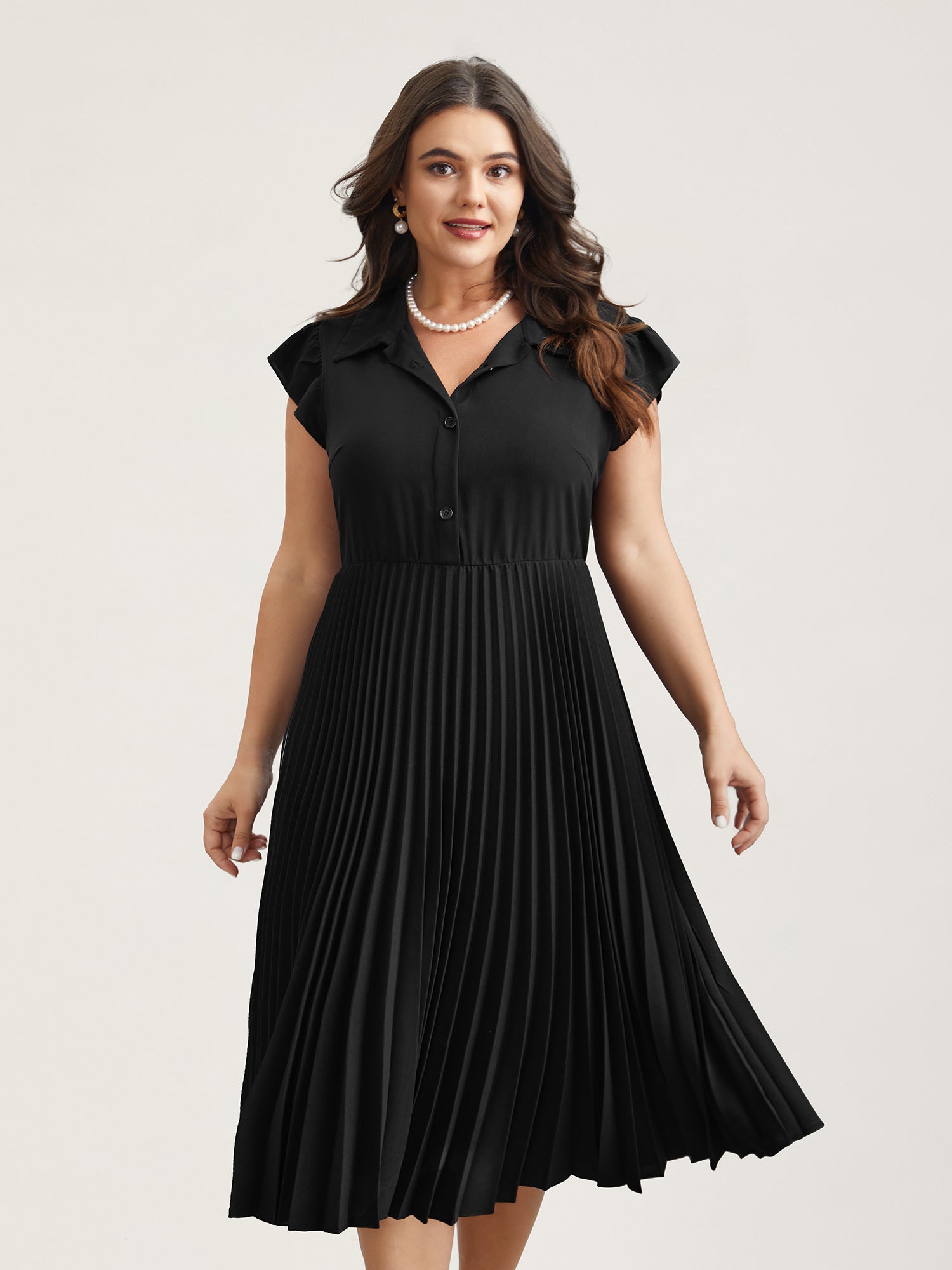 Pleated Shirt Collar Solid Midi Dress