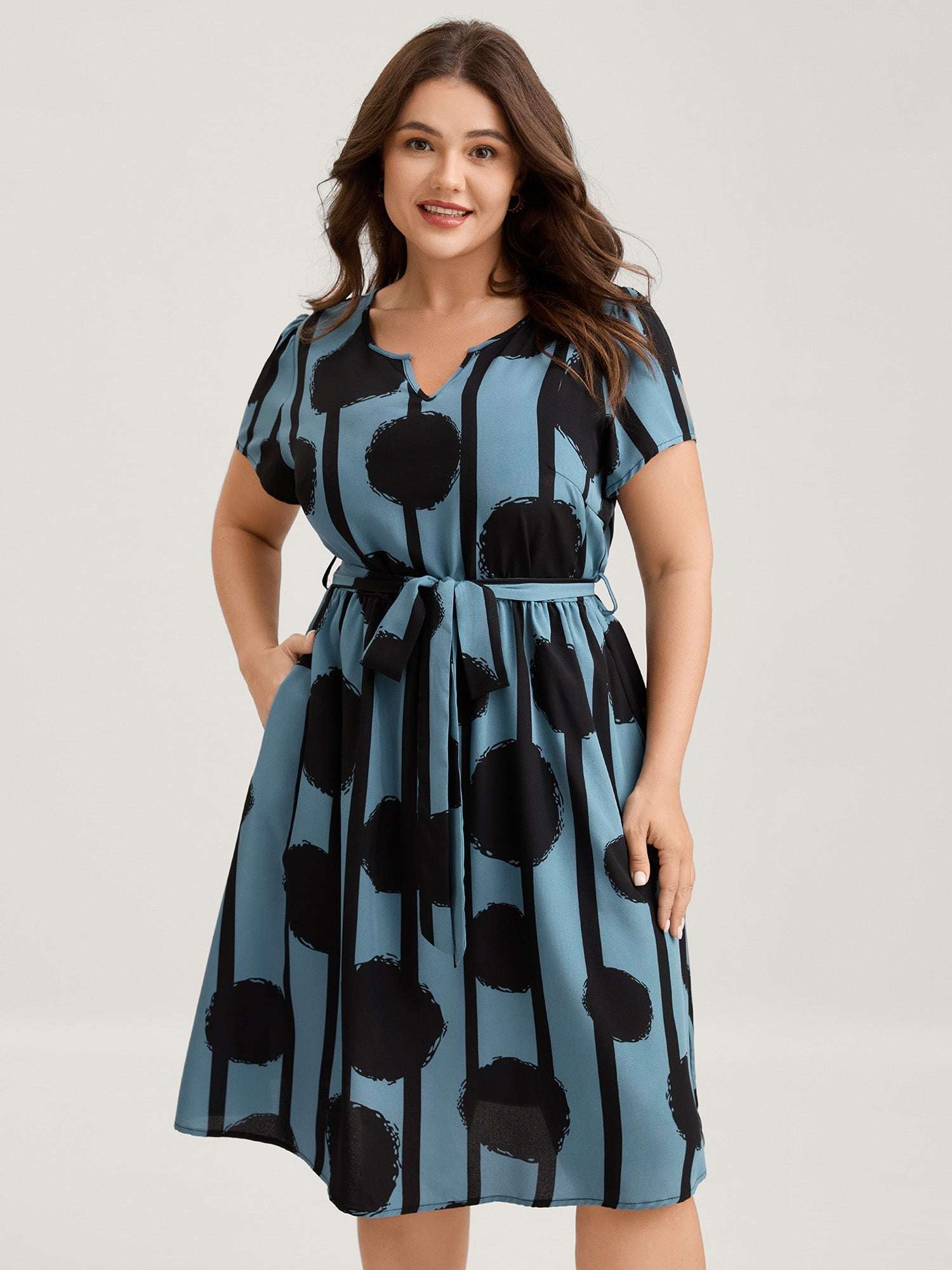 Polka Stripes Waist-Tie Midi Dress