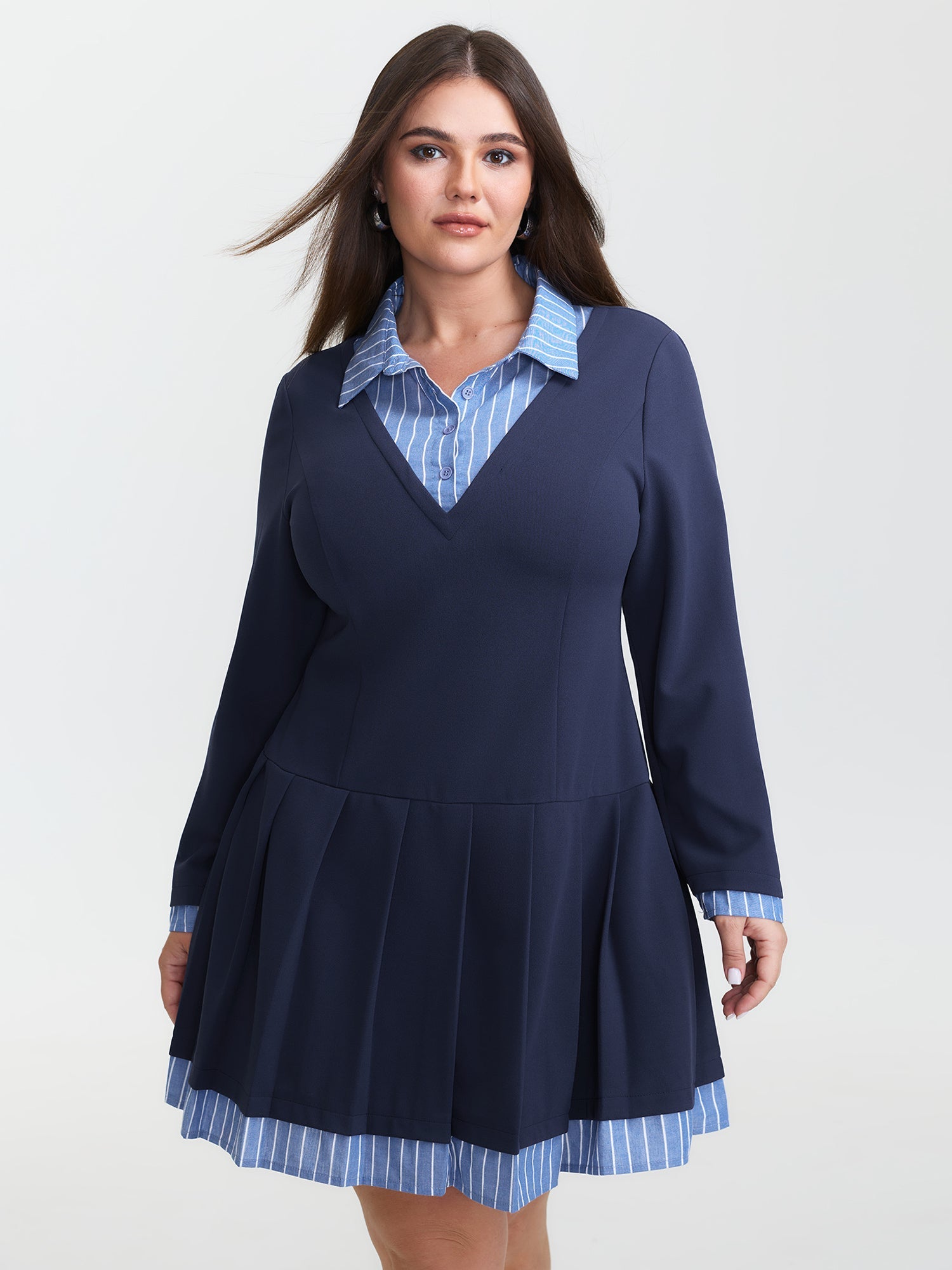 Layered Waist-Defining Pleated Knee-Length Dress