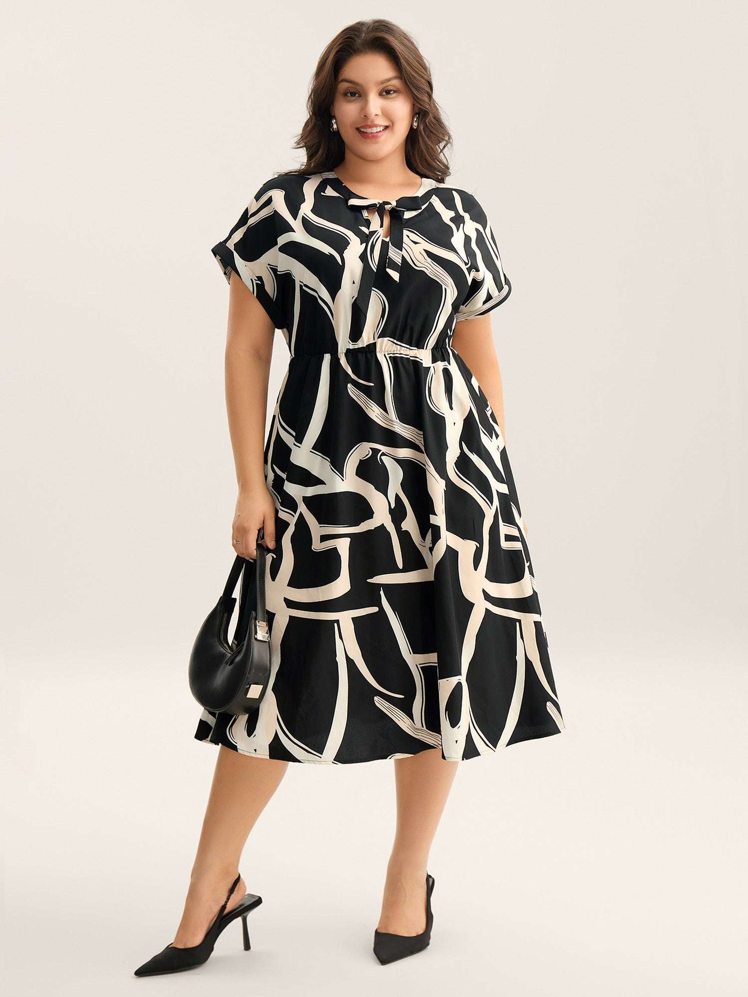 Abstract Print Ribbon Collar Midi Dress