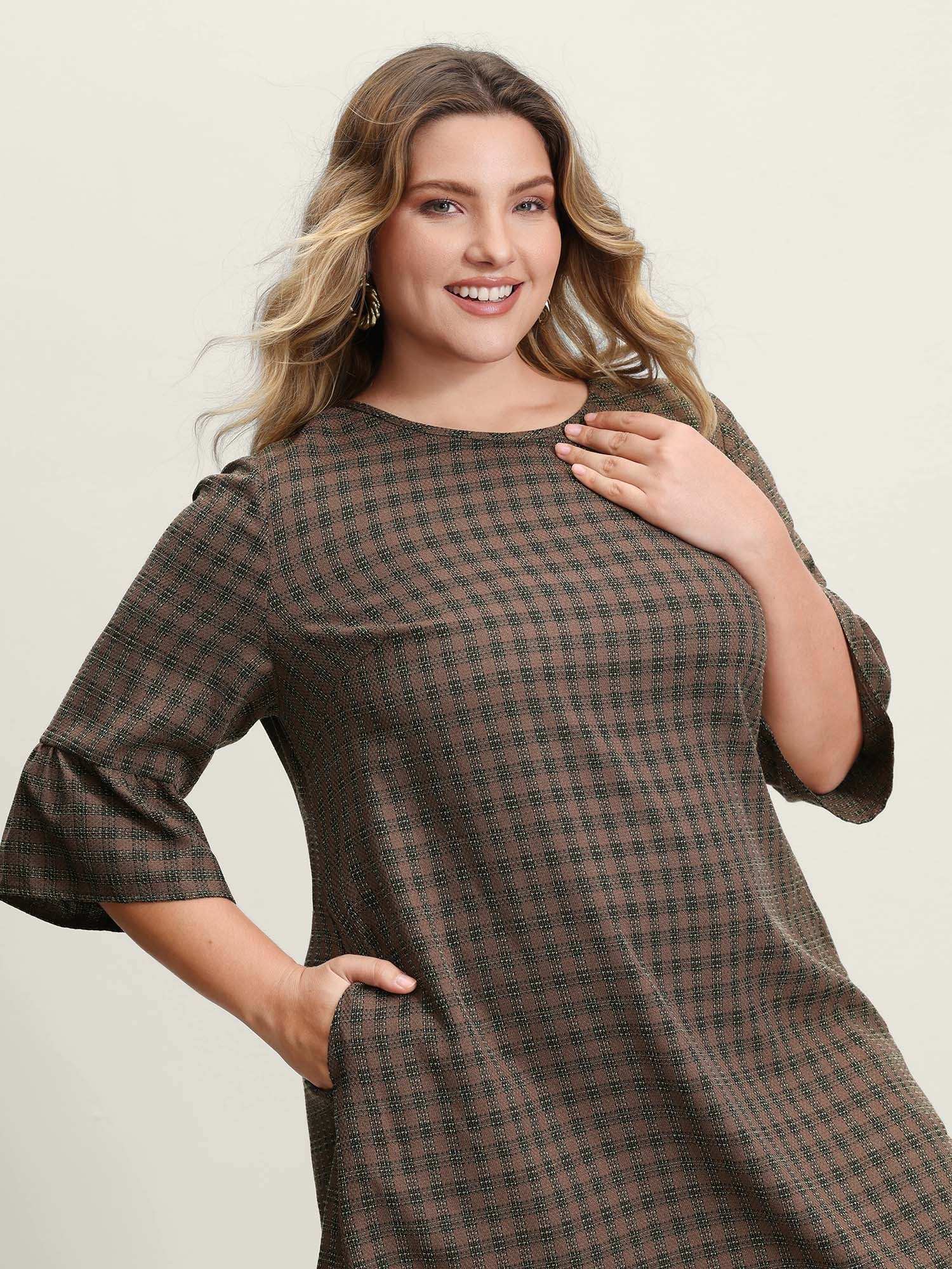 Yarn-Dyed Flared Sleeve A-Line Knee-Length Dress