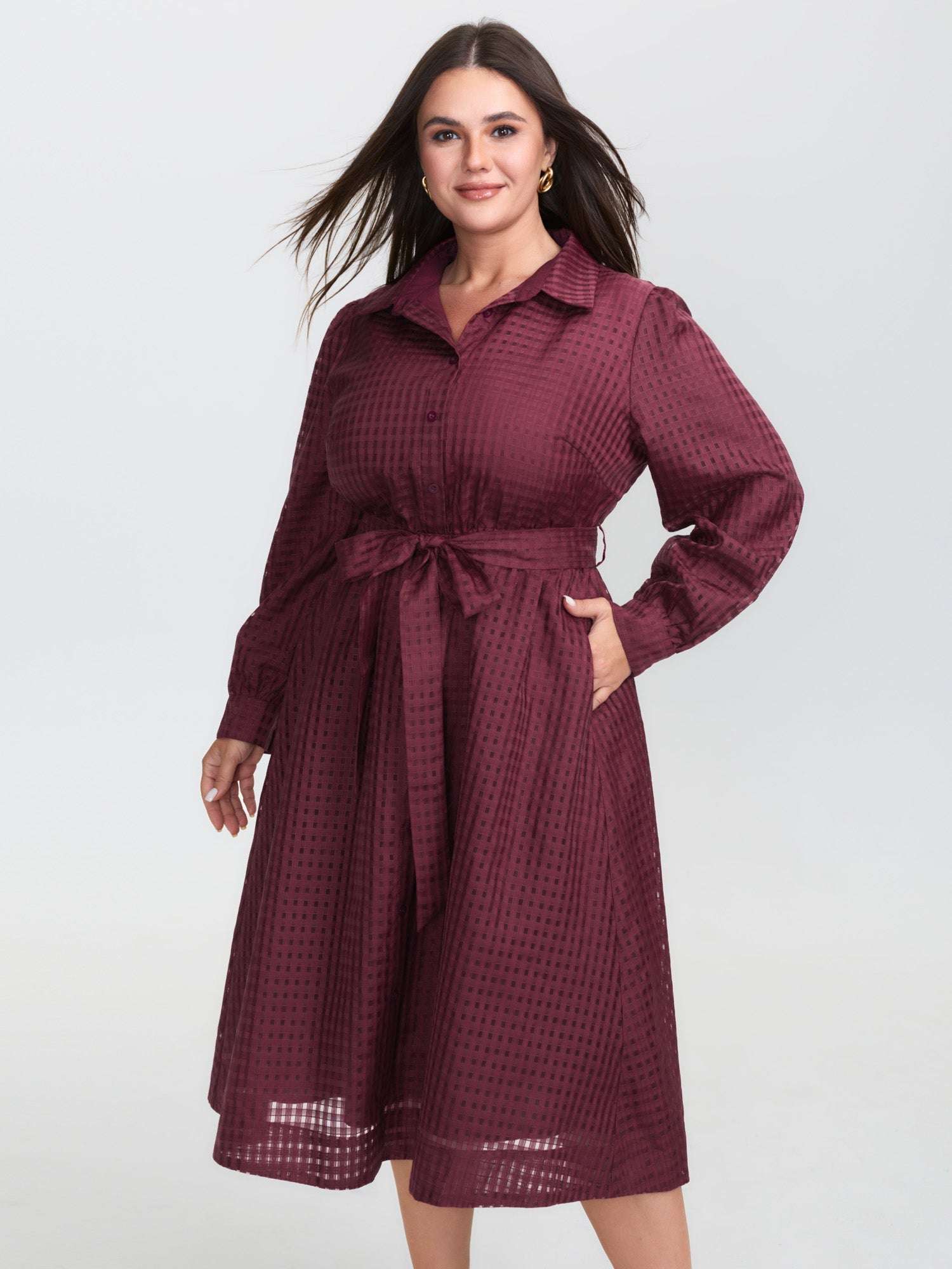 Belted Waist Textured Shirt Midi Dress