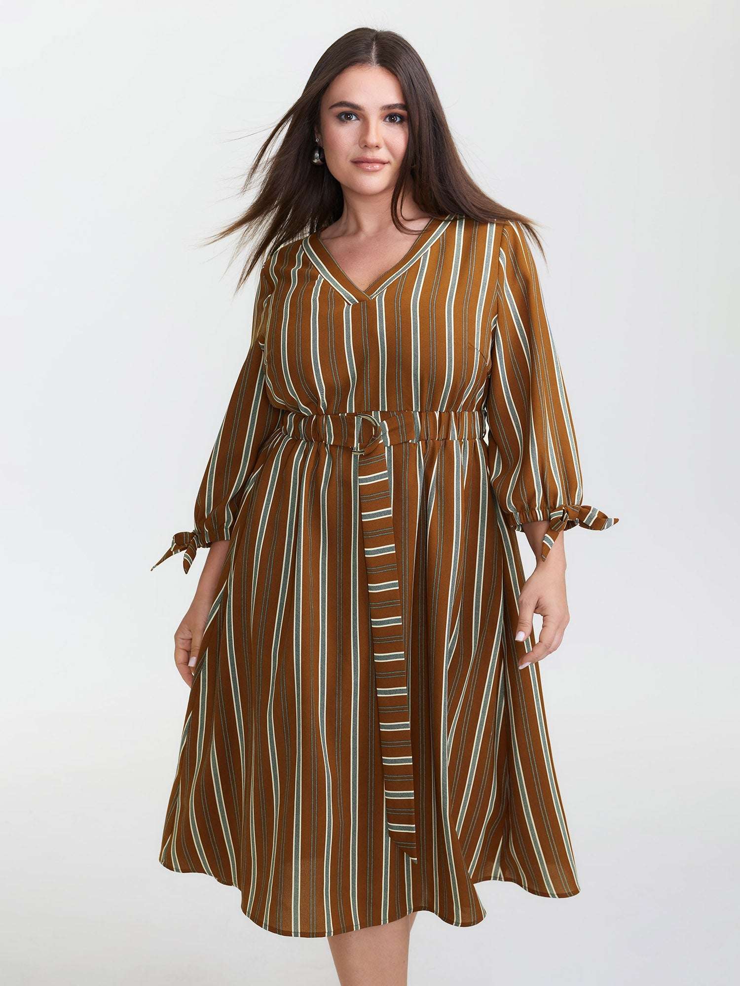 Striped V-Neck Belted Midi Dress