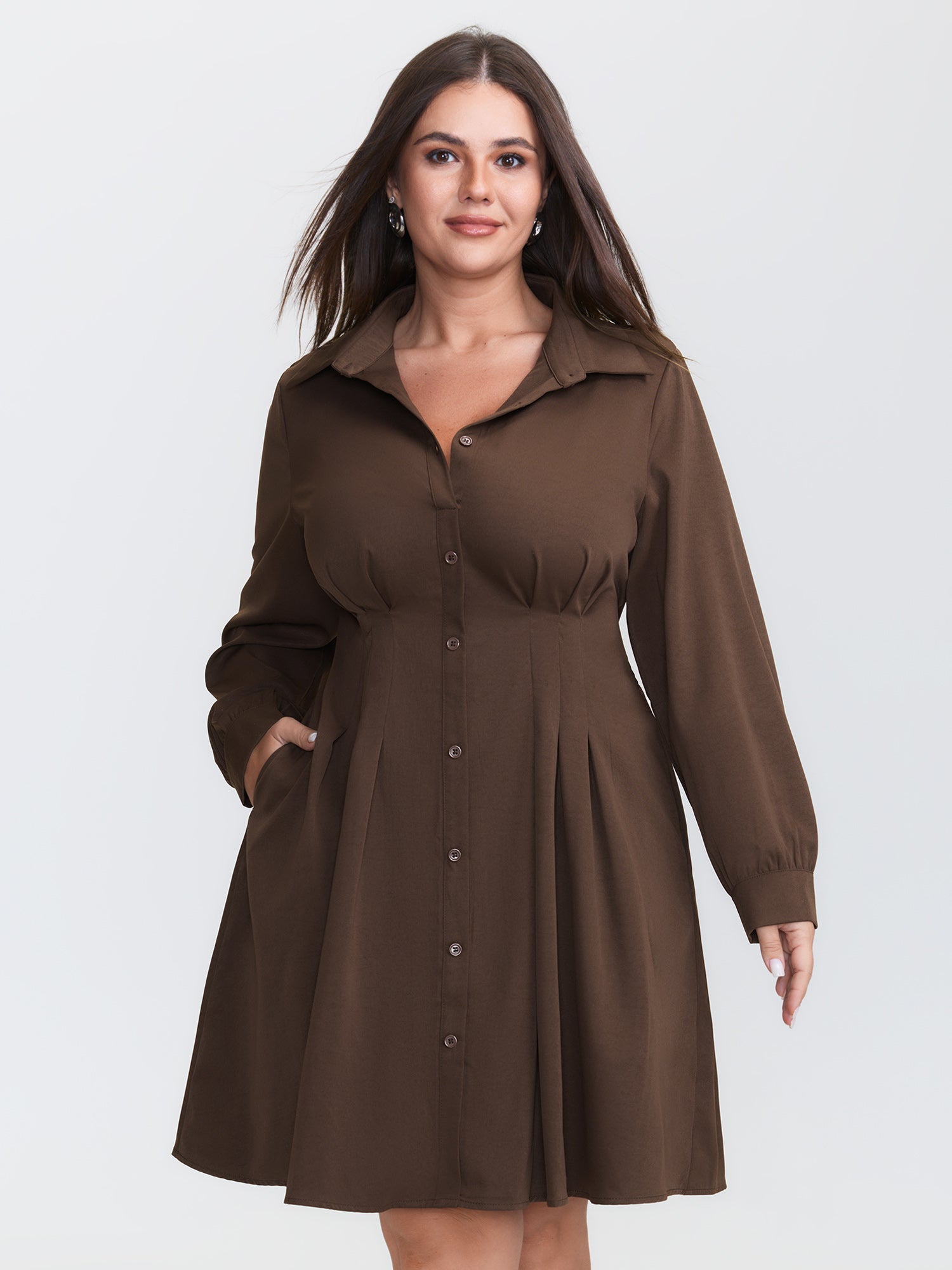 Plicated Cinched-Waist Shirt Midi Dress