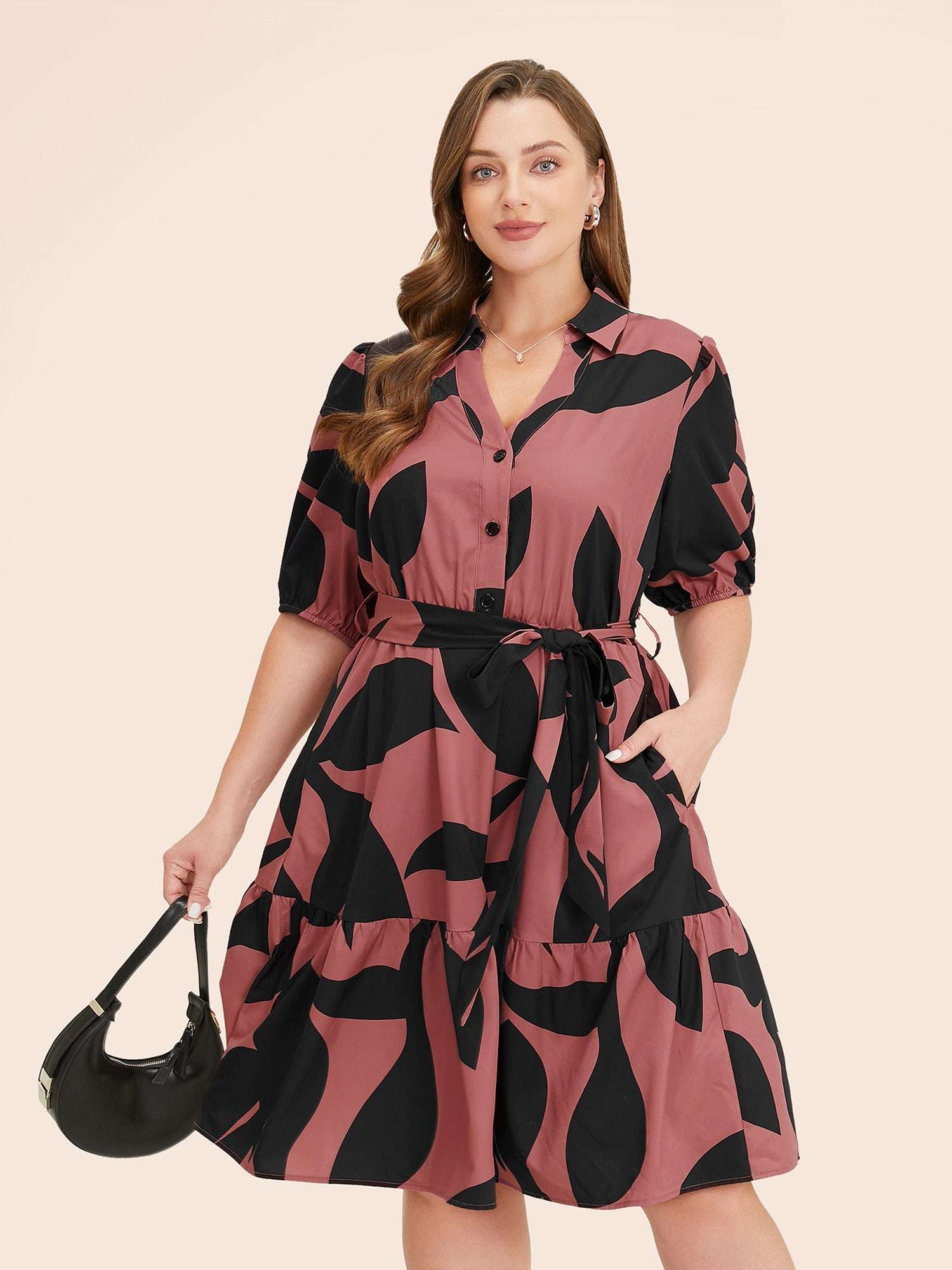 Plant Pocket Puff Sleeve Belt Ruffle Hem Button Up Dress