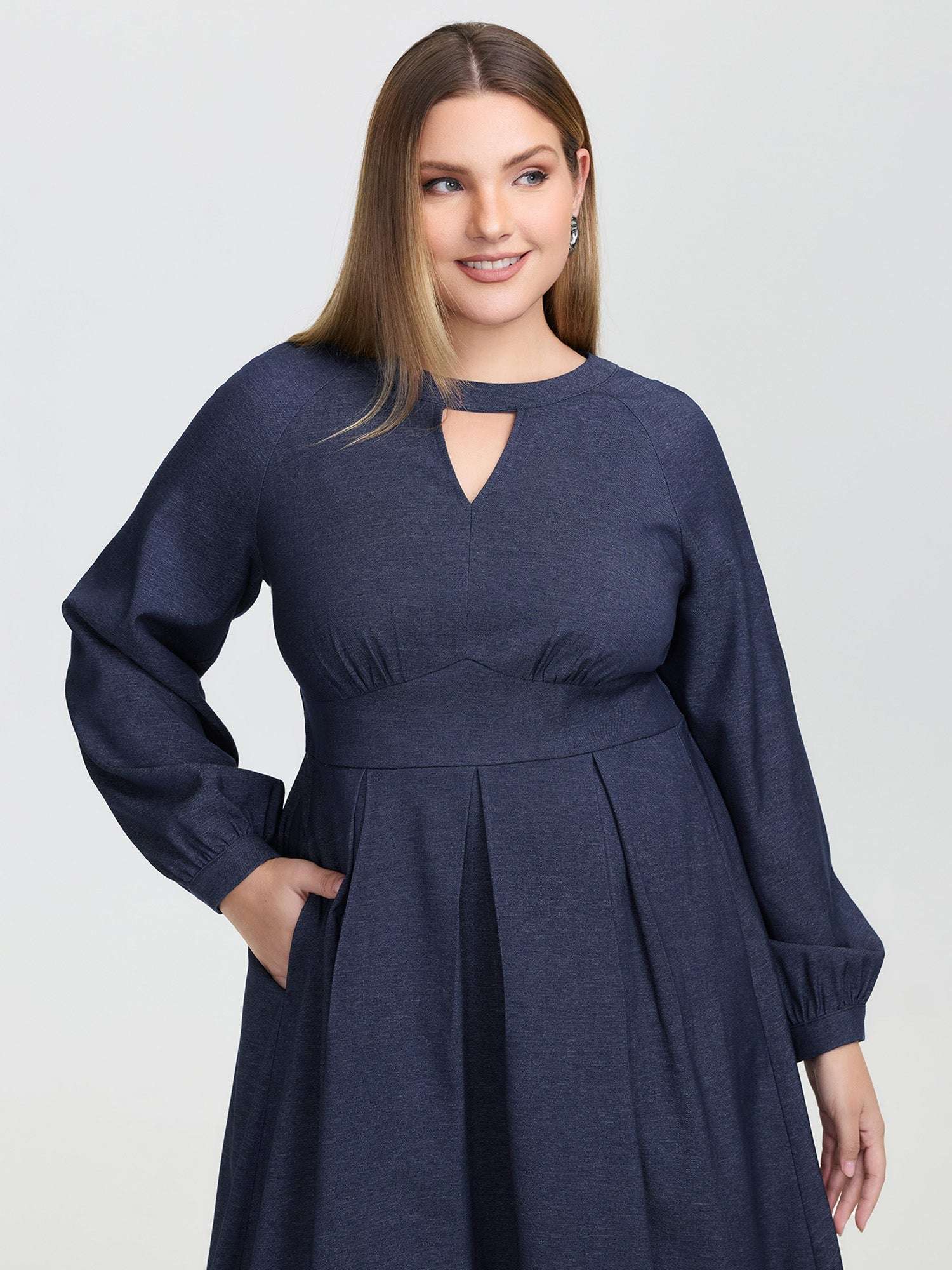 Denim-Like Pleated Cut-Out Neck Maxi Dress