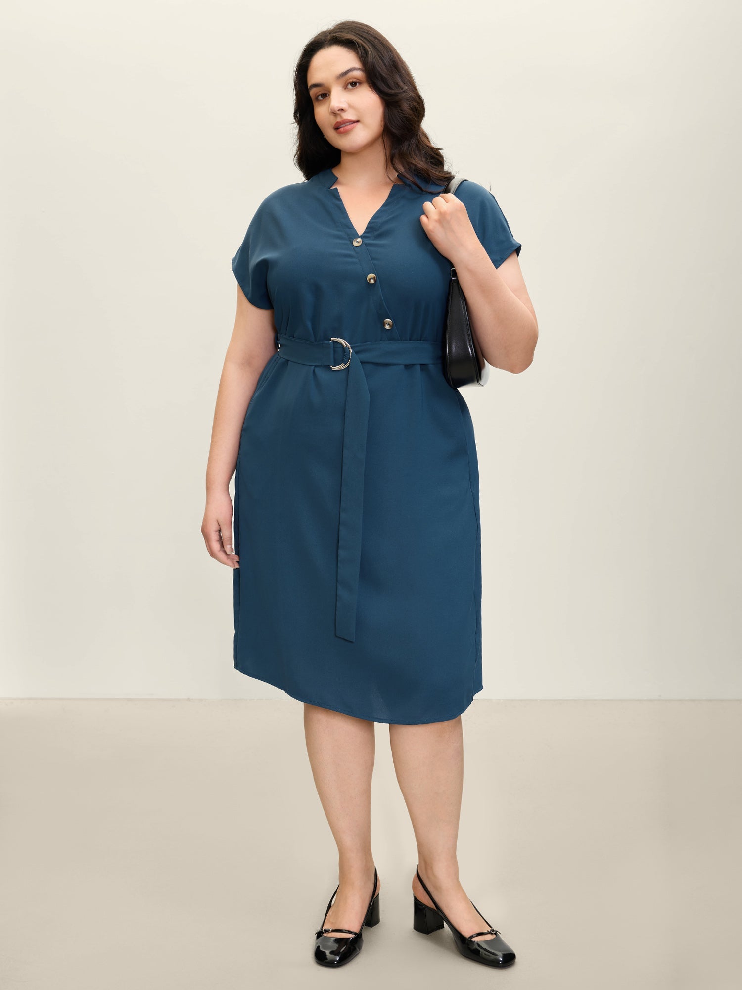 Wrap Style Button Detail Belted Midi Dress