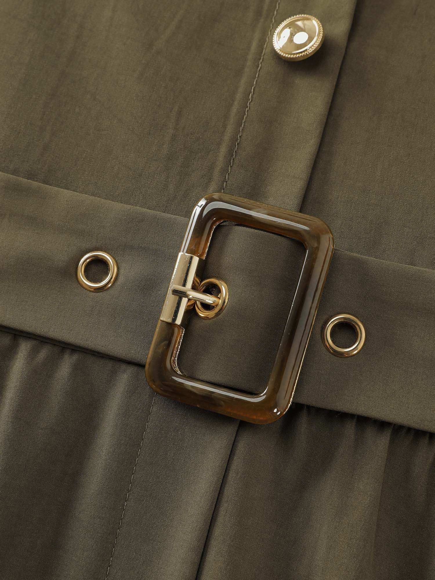 Belted Waist Buttons Pockets Midi Dress