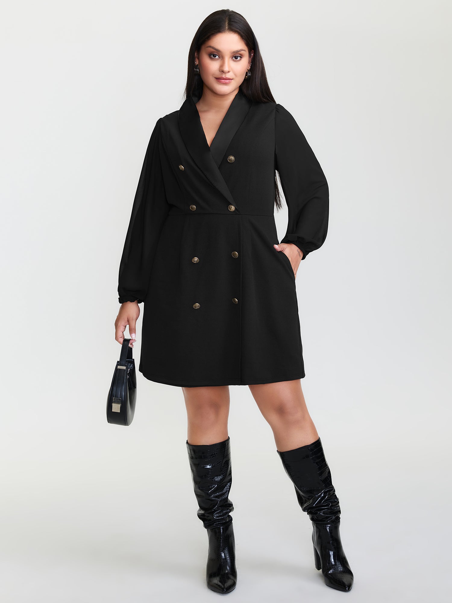 Stretchy Double Button Pockets Blazer Dress