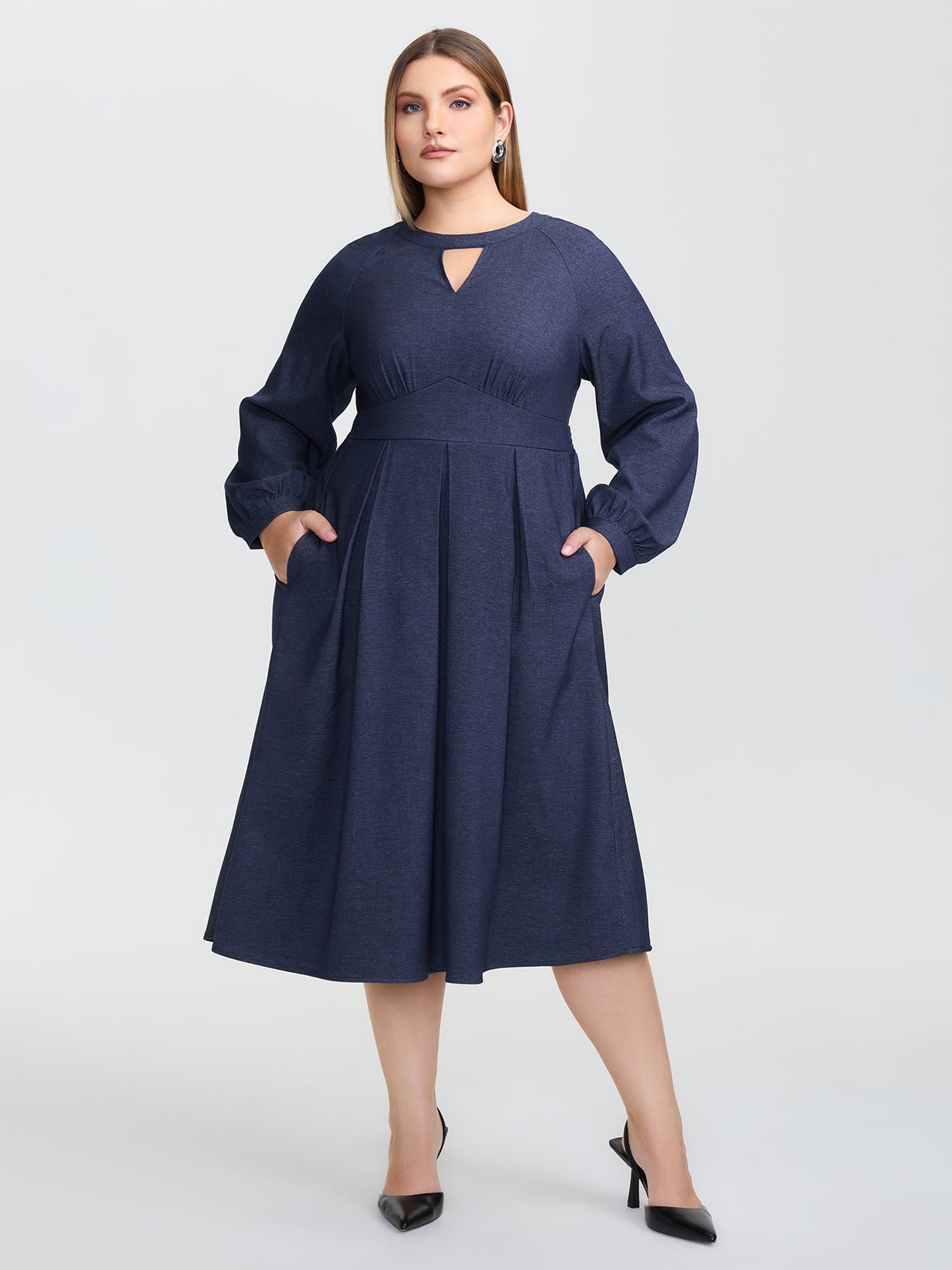 Denim-Like Pleated Cut-Out Neck Maxi Dress