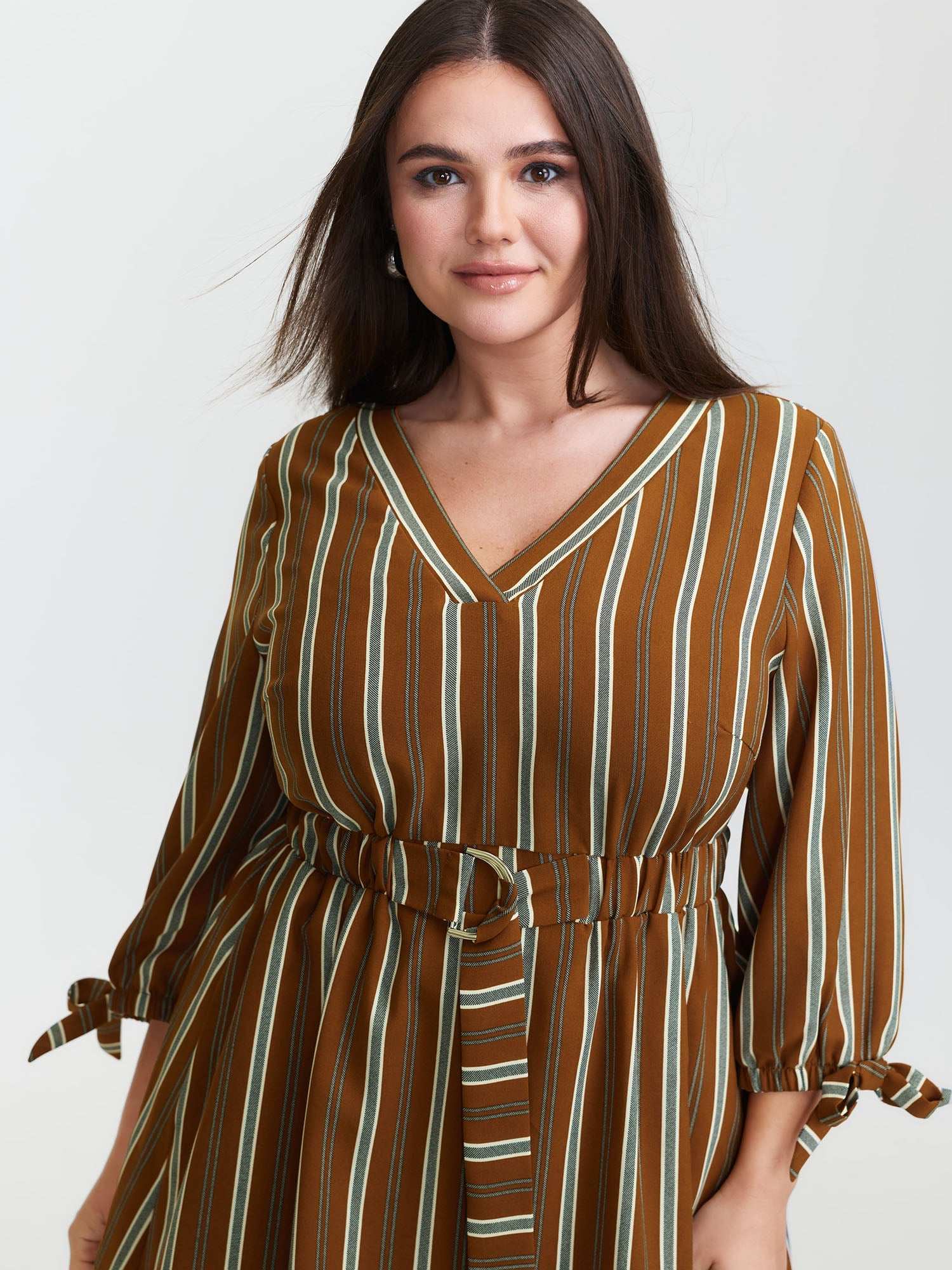 Striped V-Neck Belted Midi Dress