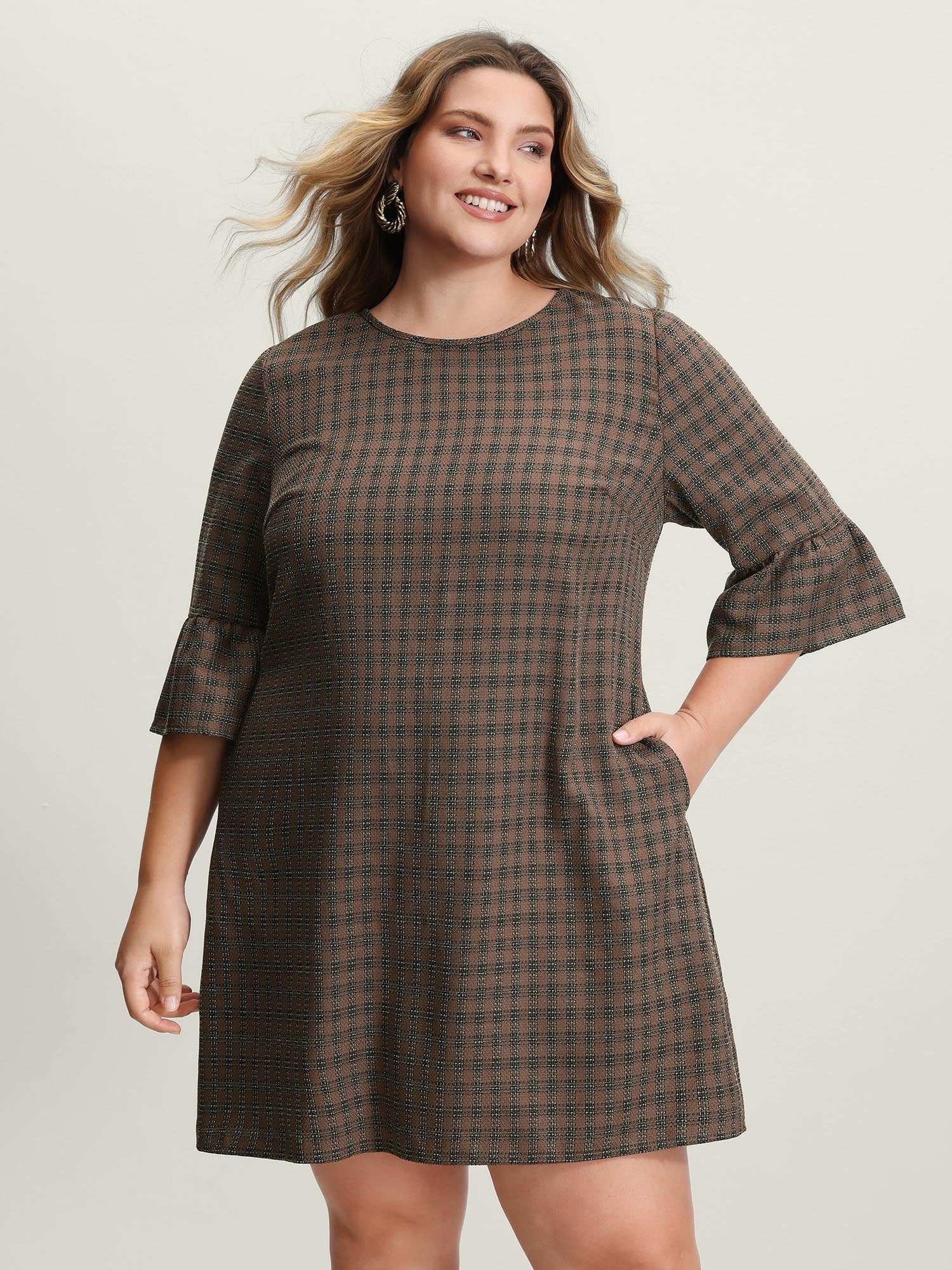 Yarn-Dyed Flared Sleeve A-Line Knee-Length Dress