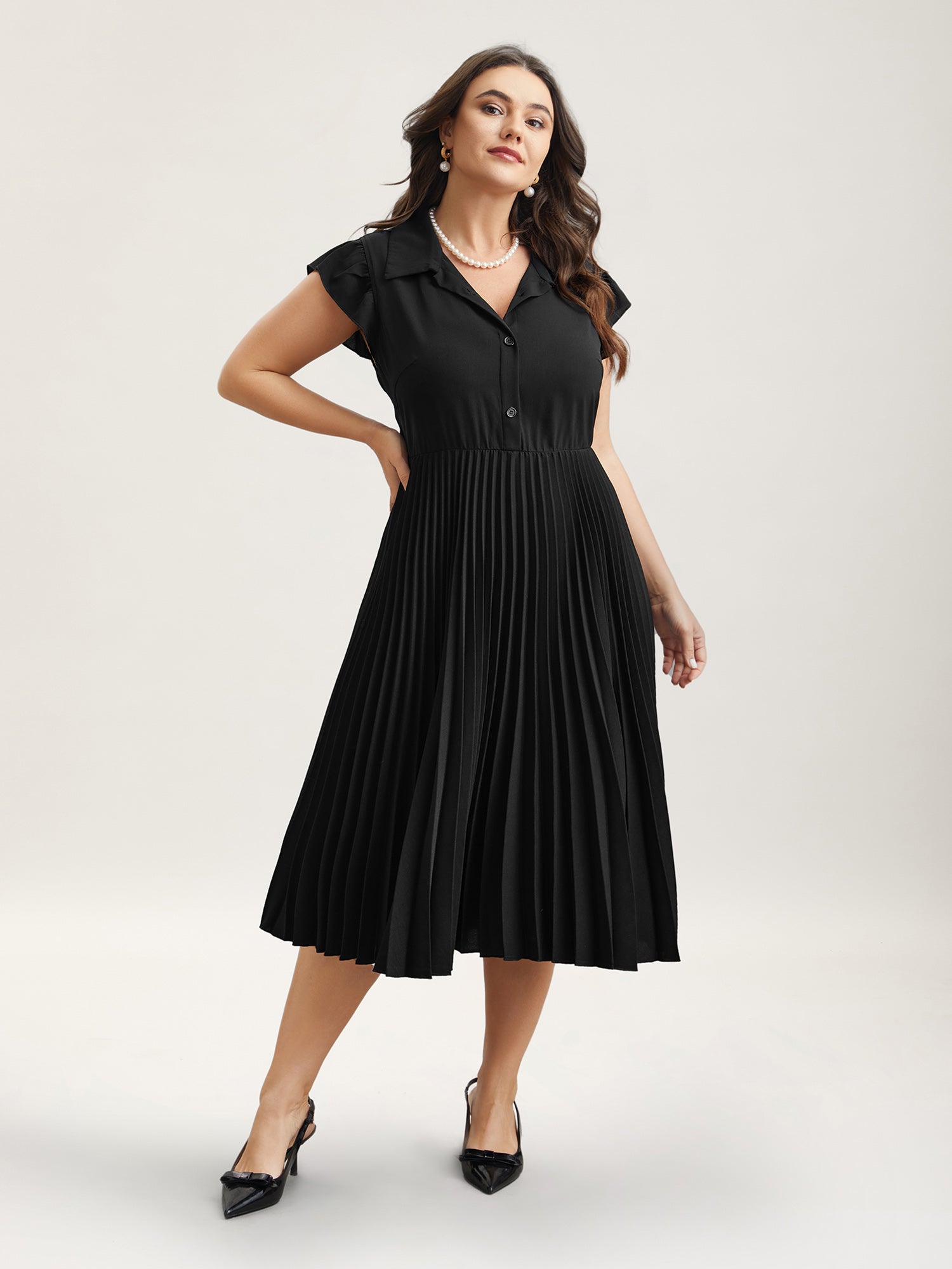 Pleated Shirt Collar Solid Midi Dress