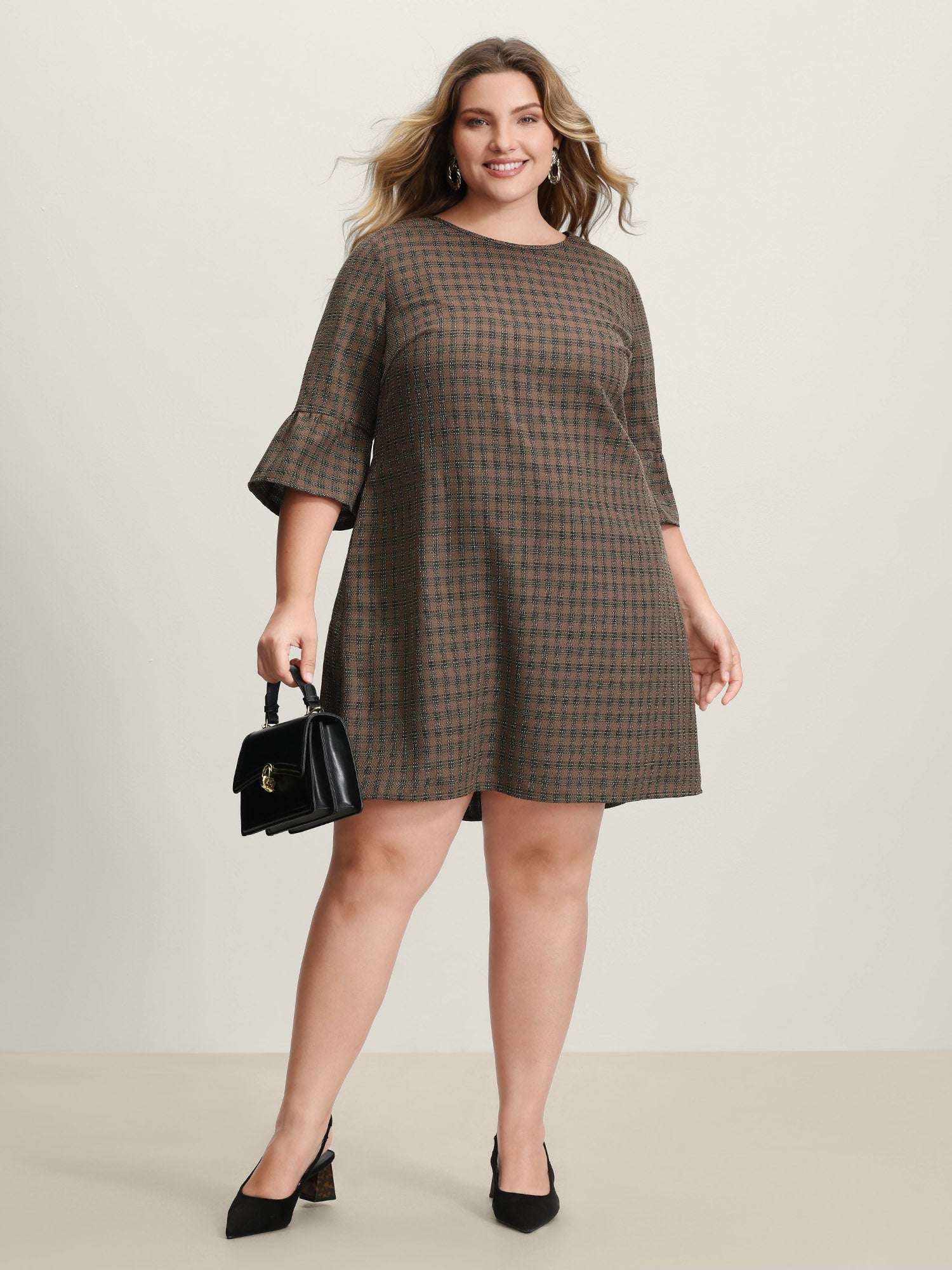 Yarn-Dyed Flared Sleeve A-Line Knee-Length Dress