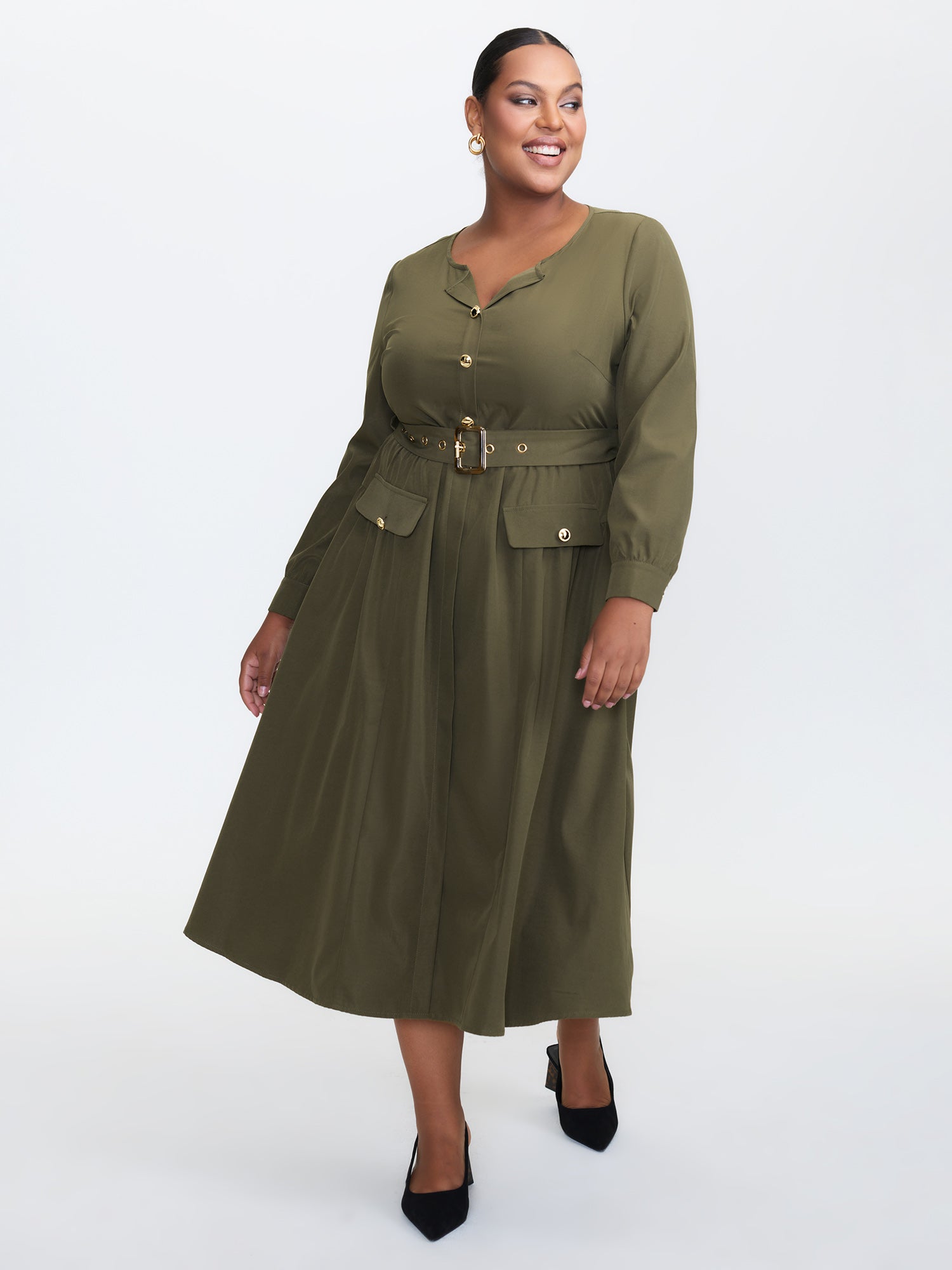 Belted Waist Buttons Pockets Midi Dress