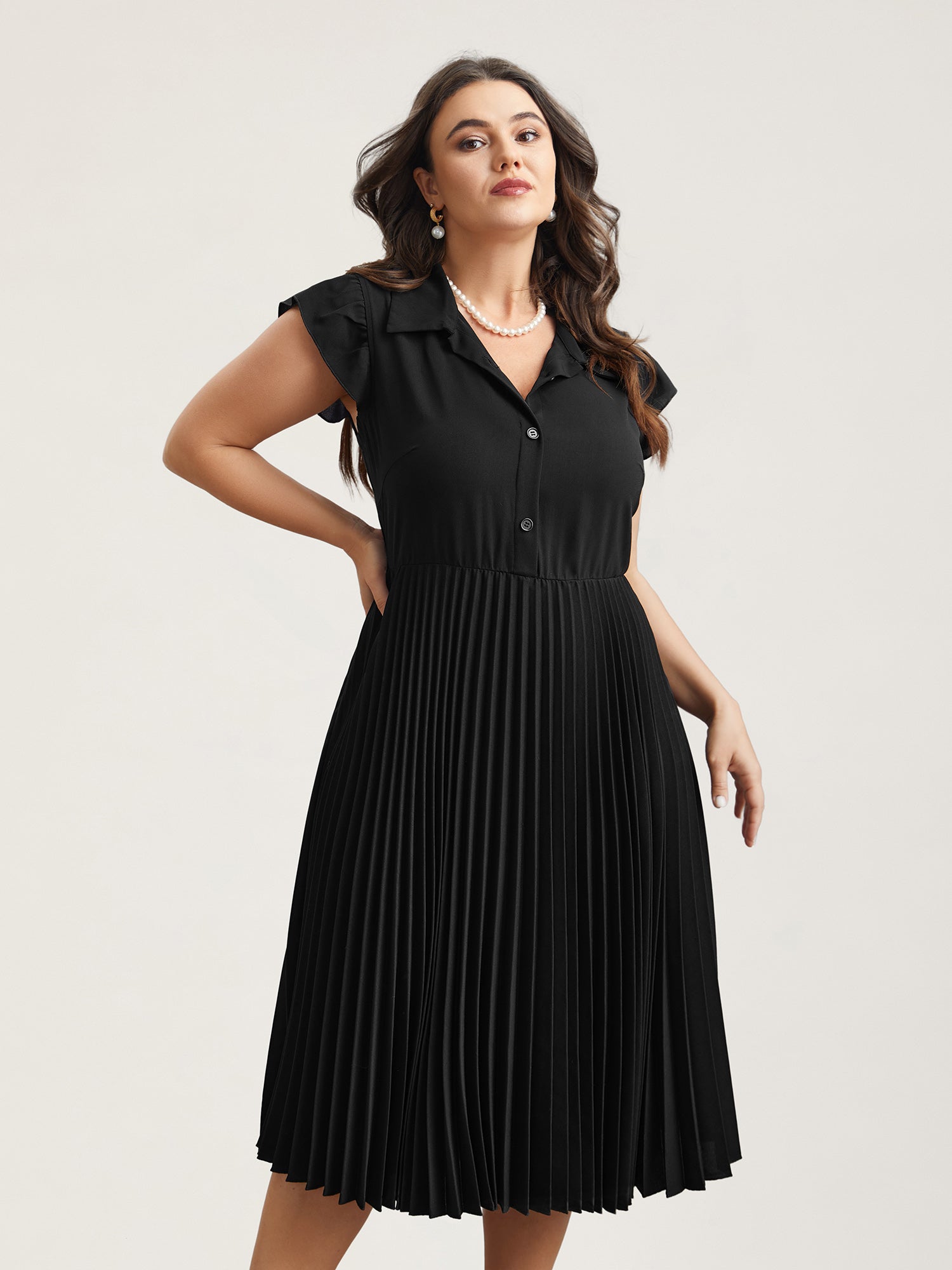 Pleated Shirt Collar Solid Midi Dress