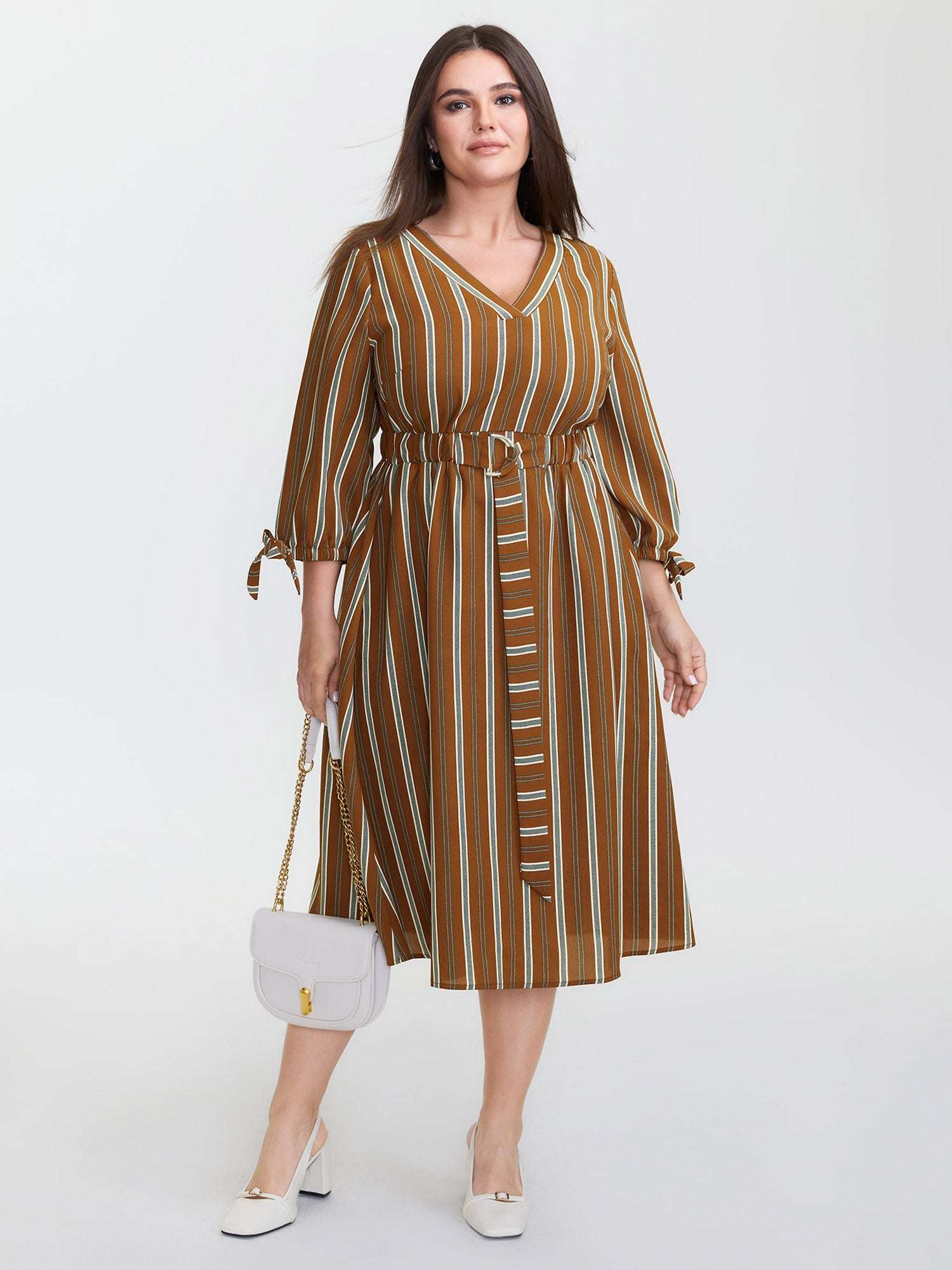 Striped V-Neck Belted Midi Dress