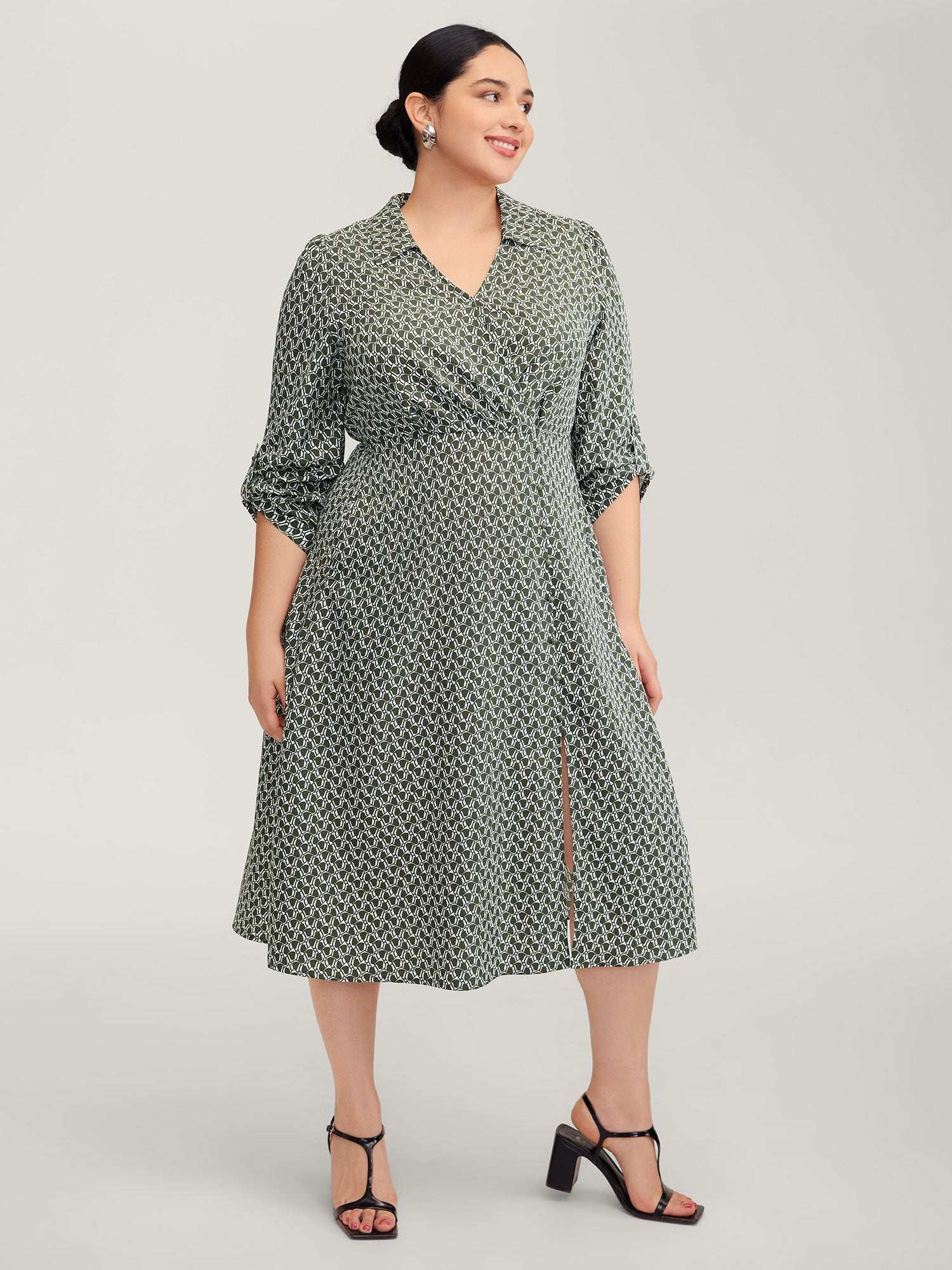 Geometric Print Split Wrap Collar Maxi Dress