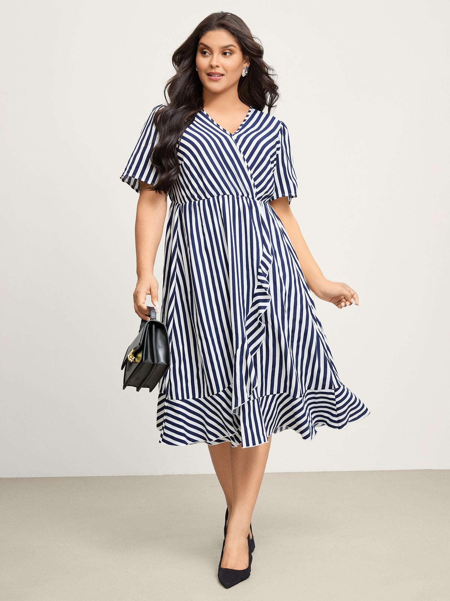 Irregular Stripes High-Waist Pockets Midi Dress