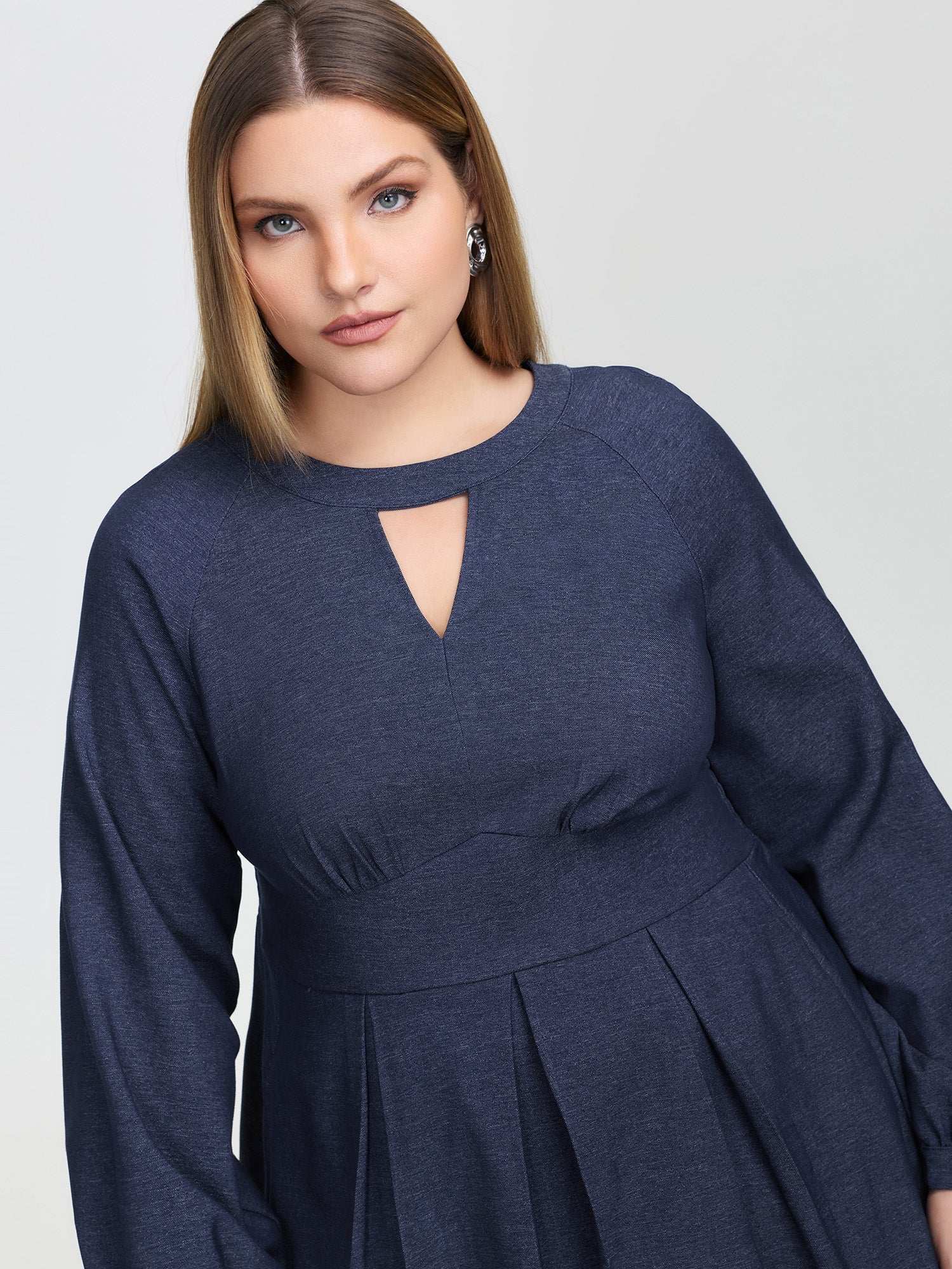 Denim-Like Pleated Cut-Out Neck Maxi Dress