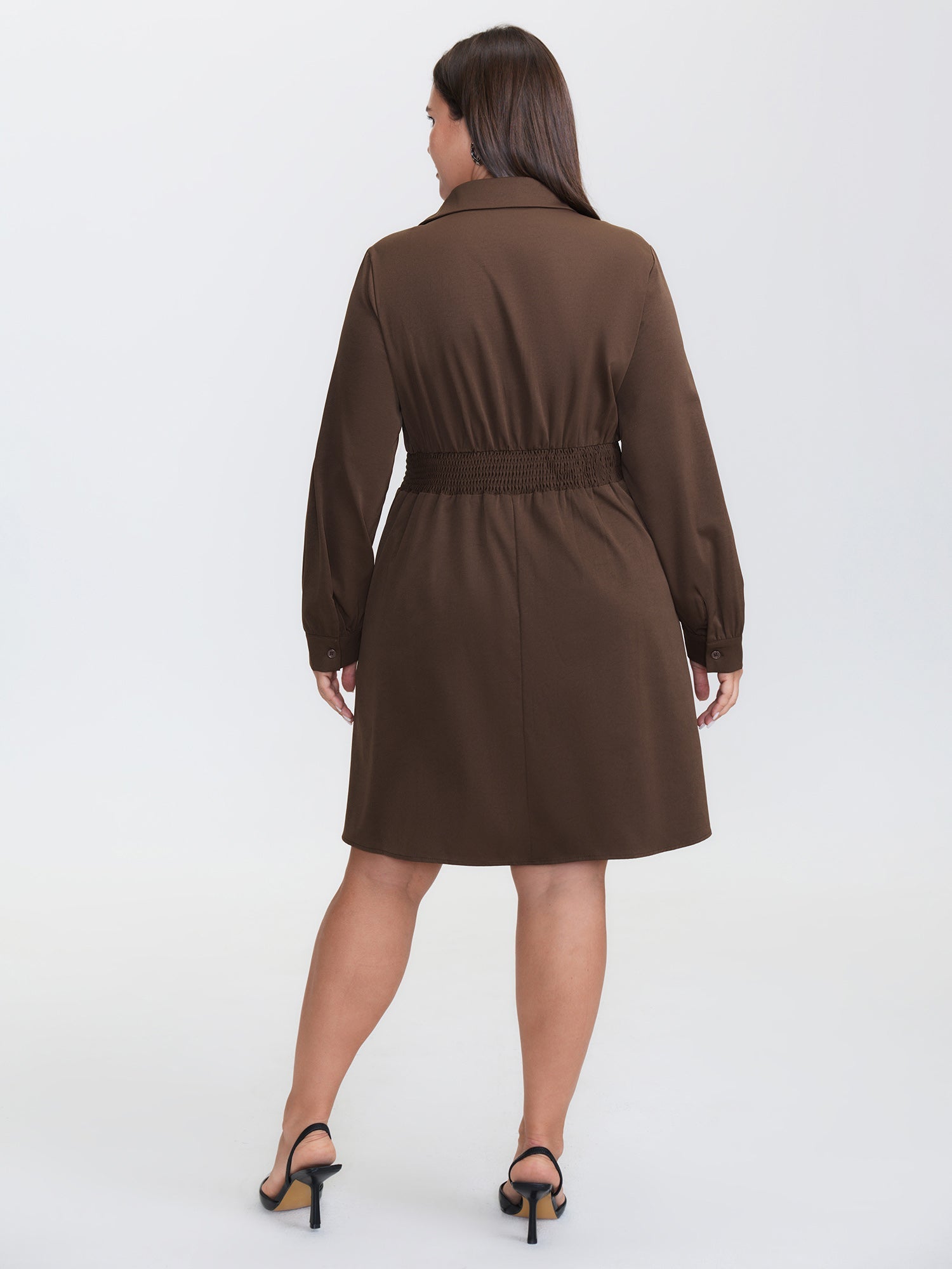 Plicated Cinched-Waist Shirt Midi Dress