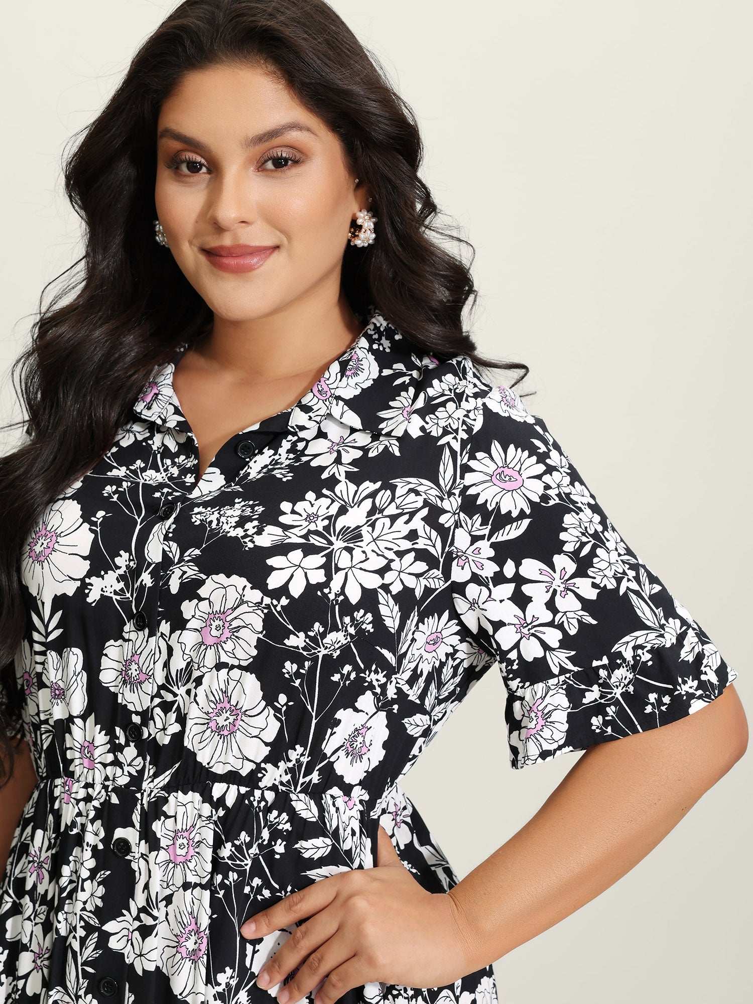 Rayon Floral Print Placket Maxi Dress