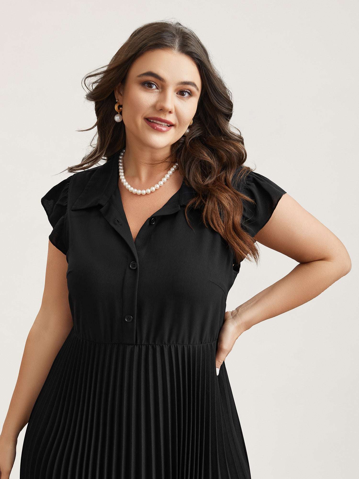 Pleated Shirt Collar Solid Midi Dress