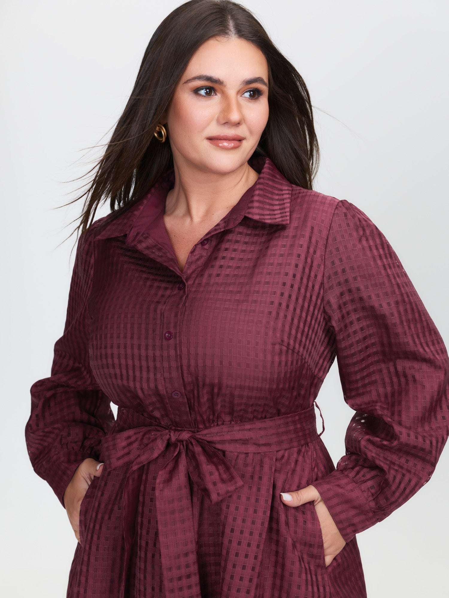 Belted Waist Textured Shirt Midi Dress
